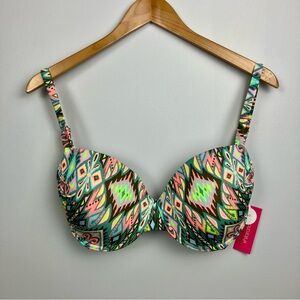 Xhilaration Bikini Top D/DD Ikat Geometric Underwire Swim Multicolor Tie Back
